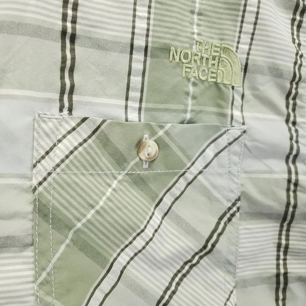 The North Face Shirt Mens Large Olive Green Plaid Nylon Short Sleeve Button-Up
